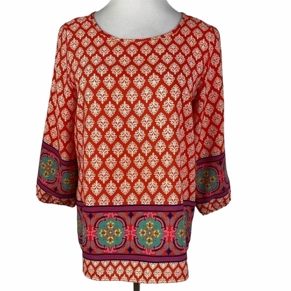 Yahada‎ Damask Print Flowy Blouse Women's Small Orange 3/4 Sleeve